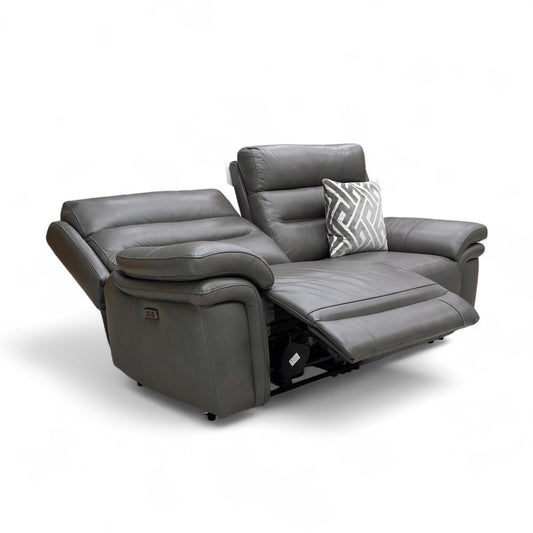 ‘Berlin' Grey Le-9308 Leather 3 Seater Power Recliner Sofa with Power Headrest