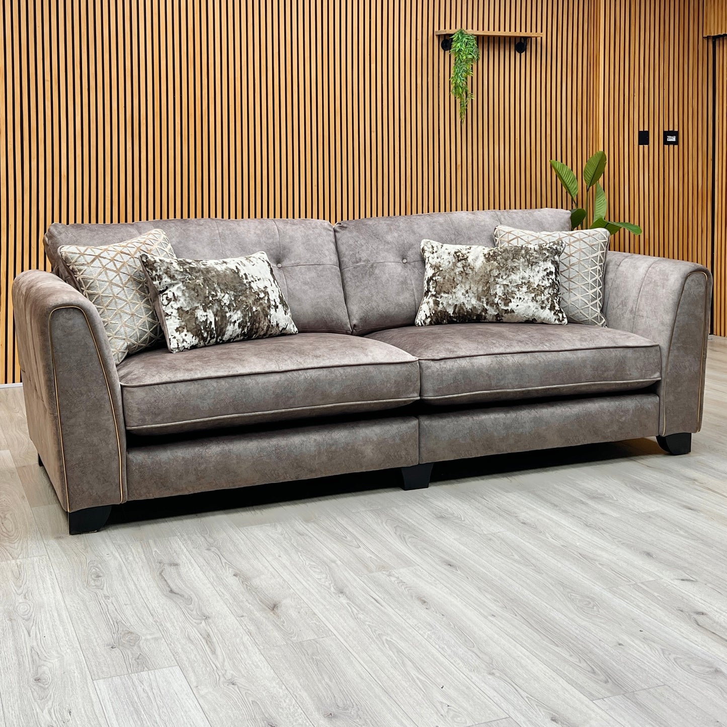'Mariah' Dapple Velvet Chocolate-Tri Brass Insert Velvet Pillow Back 4 Seater Split Frame Sofa Furniture Village