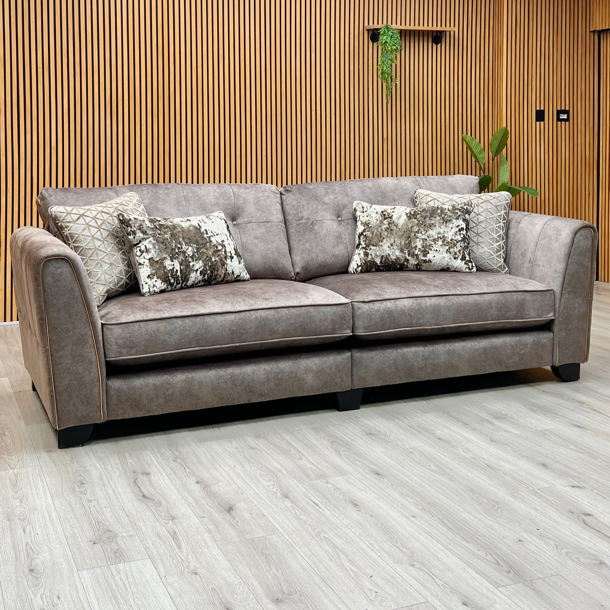 'Mariah' Dapple Velvet Chocolate-Tri Brass Insert Velvet Pillow Back 4 Seater Split Frame Sofa Furniture Village