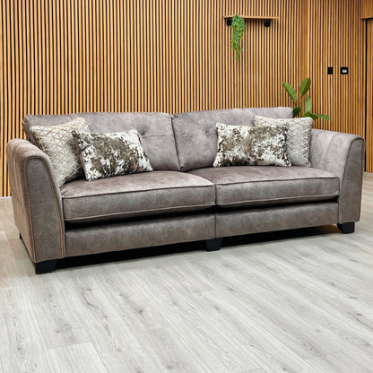'Mariah' Dapple Velvet Chocolate-Tri Brass Insert Velvet Pillow Back 4 Seater Split Frame Sofa Furniture Village