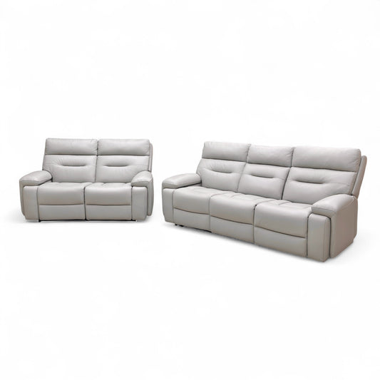 ‘Cinemax’ Le-9317 Alpha Grey Matte Leather 3 + 2 Power Recliner Sofa Set with Power Headrests and Media Arms