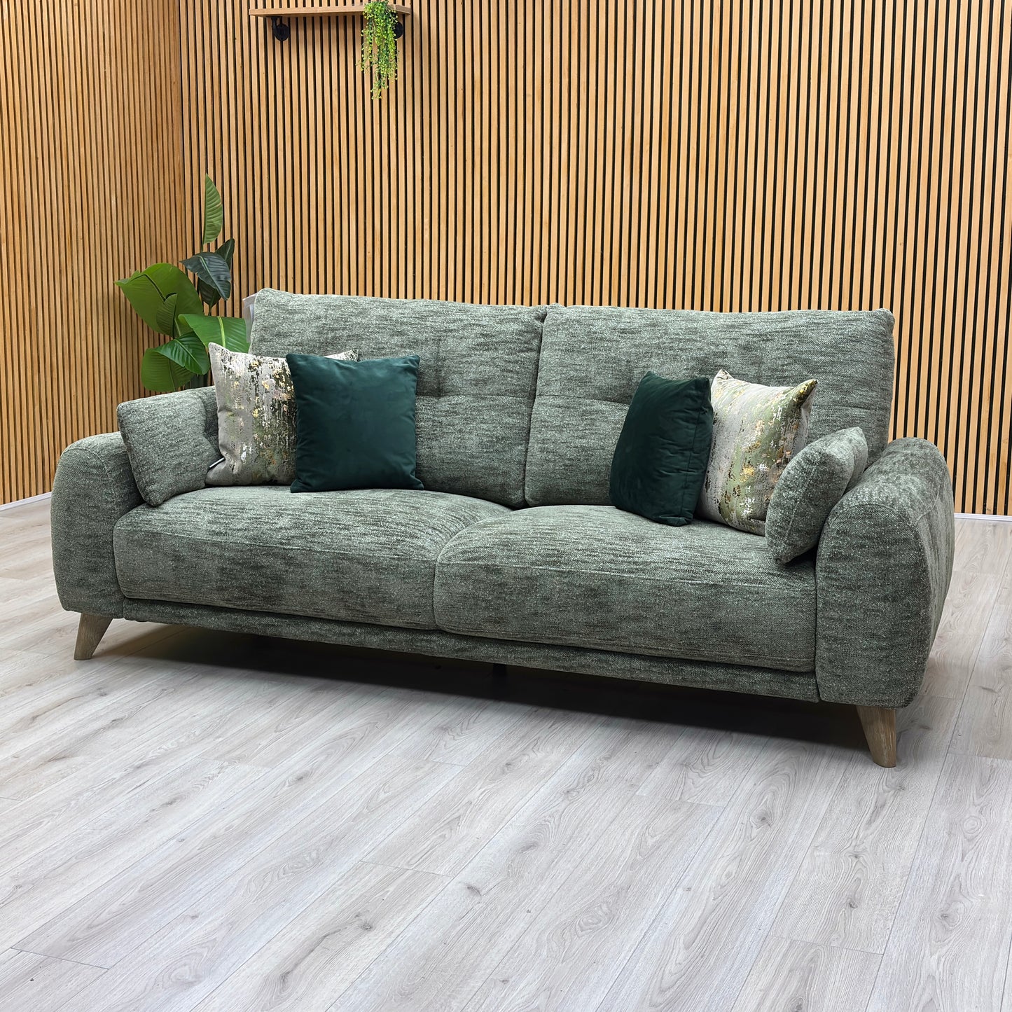 Living room view of the Malmo fabric 3-seater sofa frame, illustrating the slight backrest rake, floor clearance height, and compact apartment-friendly depth.