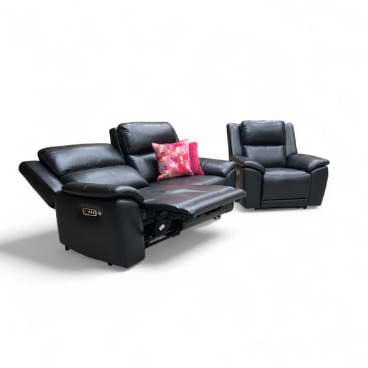 ‘Utah’ Natural Black Mica La4820 Leather 3 Seater Power Recliner Sofa with Power Headrests, Power Lumbar and Heated Seats + Power Recliner Armchair