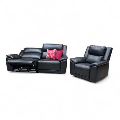 ‘Utah’ Natural Black Mica La4820 Leather 3 Seater Power Recliner Sofa with Power Headrests, Power Lumbar and Heated Seats + Power Recliner Armchair