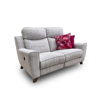 Angled view of the Xeon sofa highlighting the plush stone fabric and cushioned armrests.