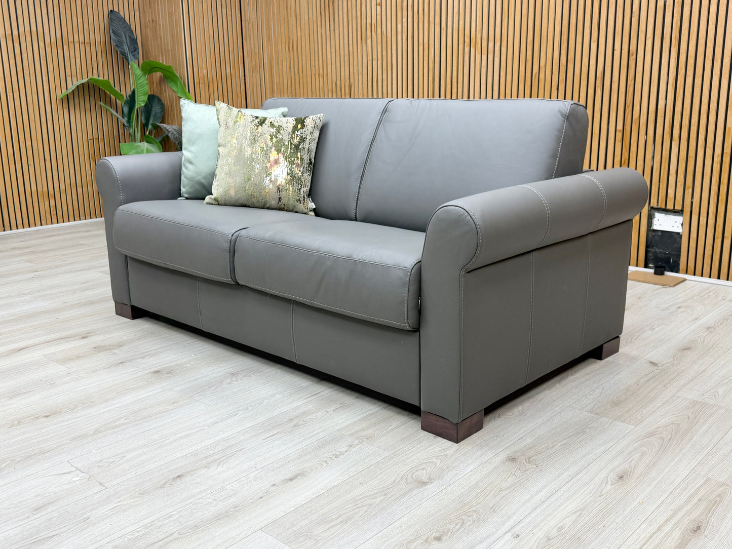 Nicoletti 'Alcova' Torello Grigio Scuro Grey 327 Leather 2 Seater Sofa Bed with Scroll Arms