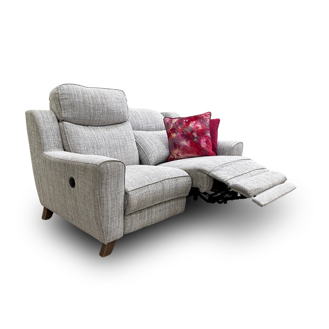 Front view of the 'Title' Xeon 2-seater power recliner sofa in stone fabric, showing its modern silhouette.