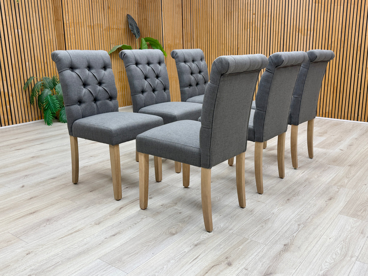 'Lewis' Anthracite Charcoal Grey Fabric Set of 6 Button Back Dining Chairs