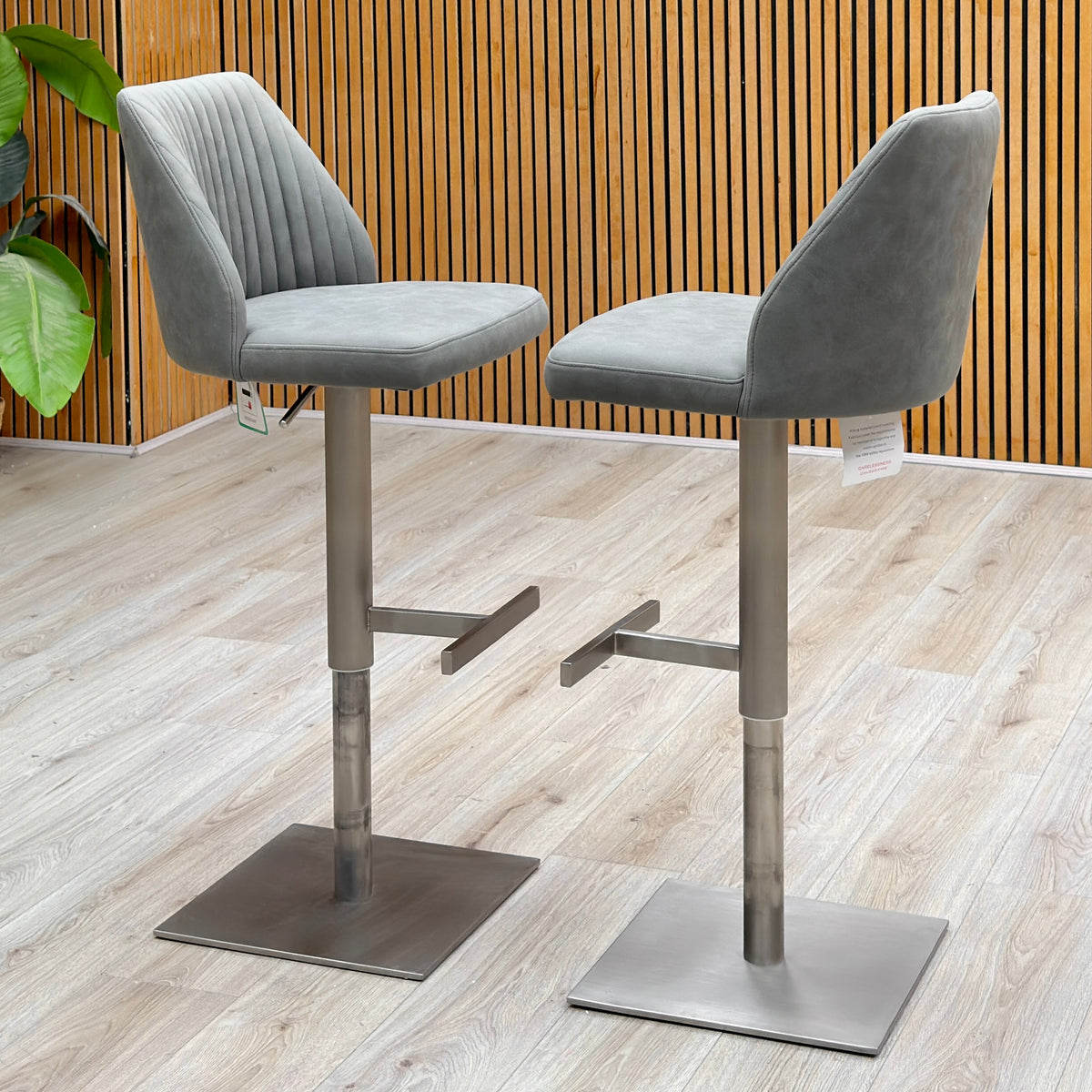 ‘Grigio’ Grey Fabric Pair of Swivel Bar Stools