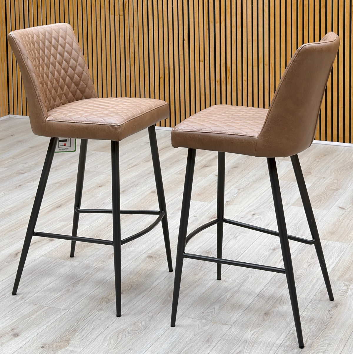 'Earth' Tan Brown Faux Leather Pair of Bar Stools