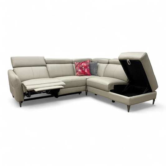 'Nico' Stone Leather Power Recliner Right Hand Facing Chaise Corner Sofa with Storage and Adjustable Headrests