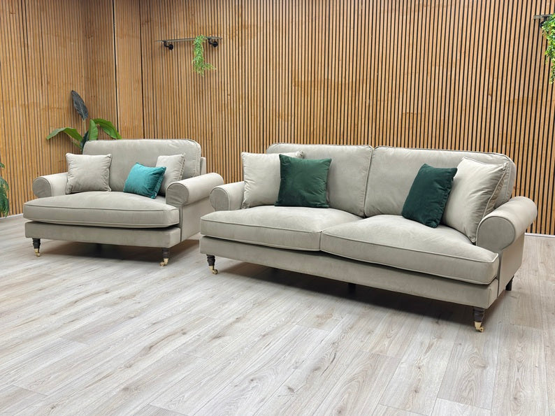 ‘Coast’ Mink Fabric 3 Seater Sofa + Snuggle Chair