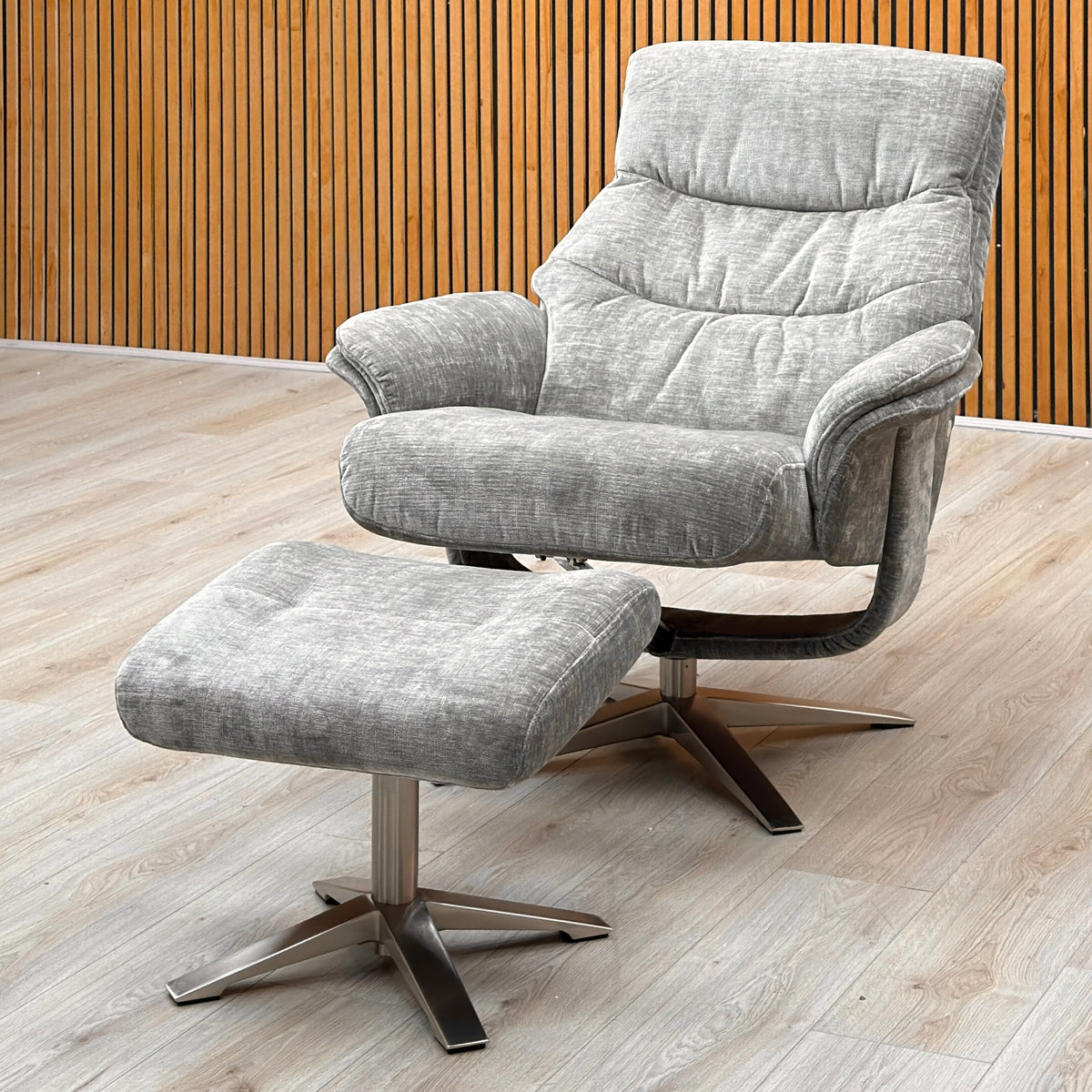 ‘Lindos’ Wishing Well Grey Chenille Fabric Recliner Chair and Stool with Chrome Base