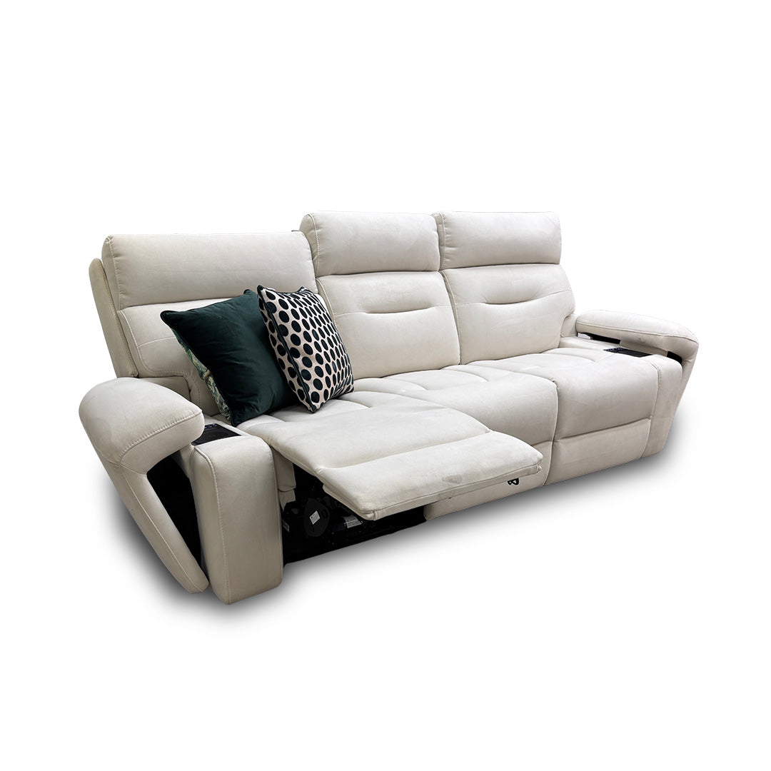 ‘Cinemax' La-4827 Natural Sand Velvet Media Large 3 Seater Power Recliner Sofa with Power Headrests