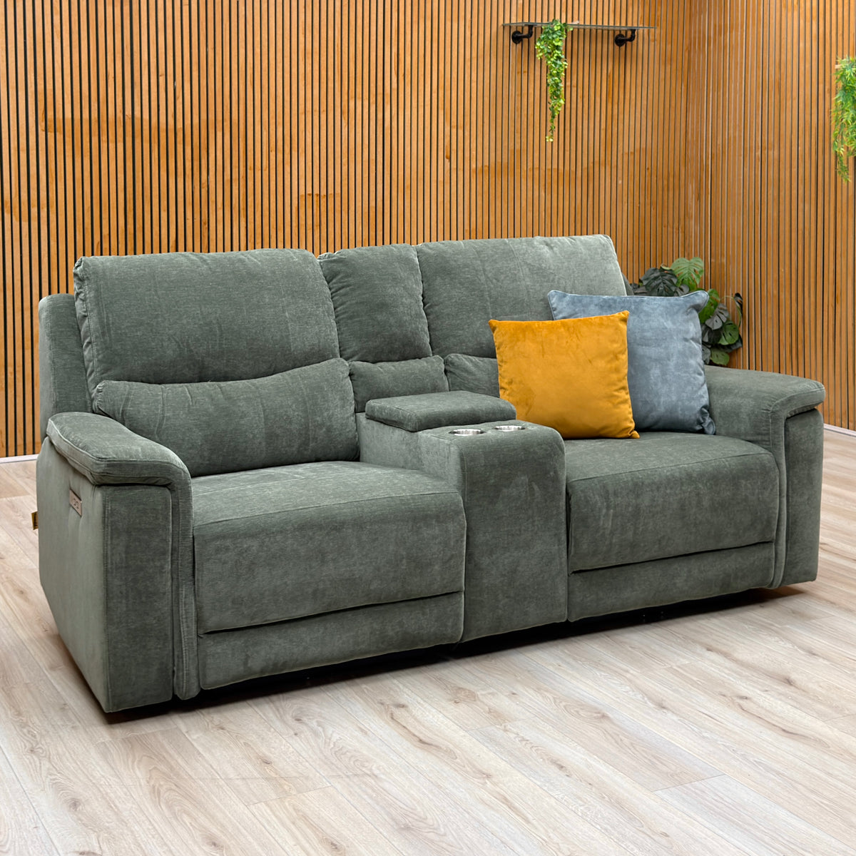 'Berlin' Forest Green Linen Fabric 2 Seater Power Recliner Sofa with Storage Console