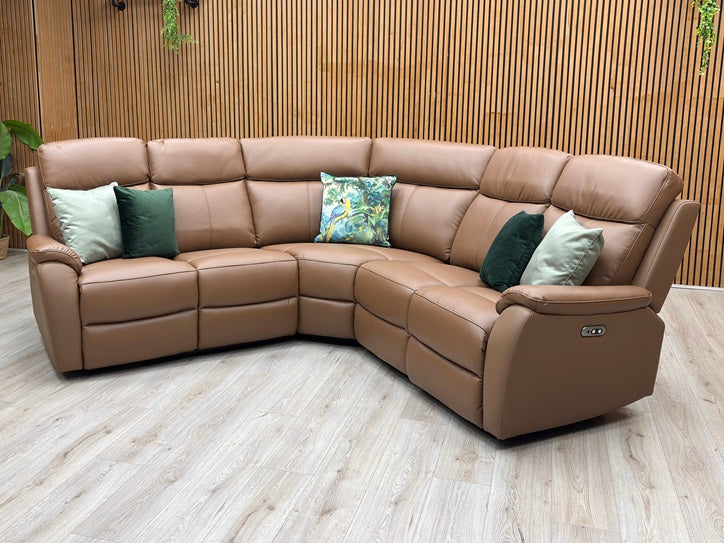 ‘Kingsmere' Tan Brown Leather Power Recliner Corner Sofa