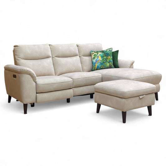 ‘Morgan’ Dexter Ivory 43501 Velvet Right Hand Facing 3 Seater Power Recliner Sofa with Open Chaise End + Storage Footstool