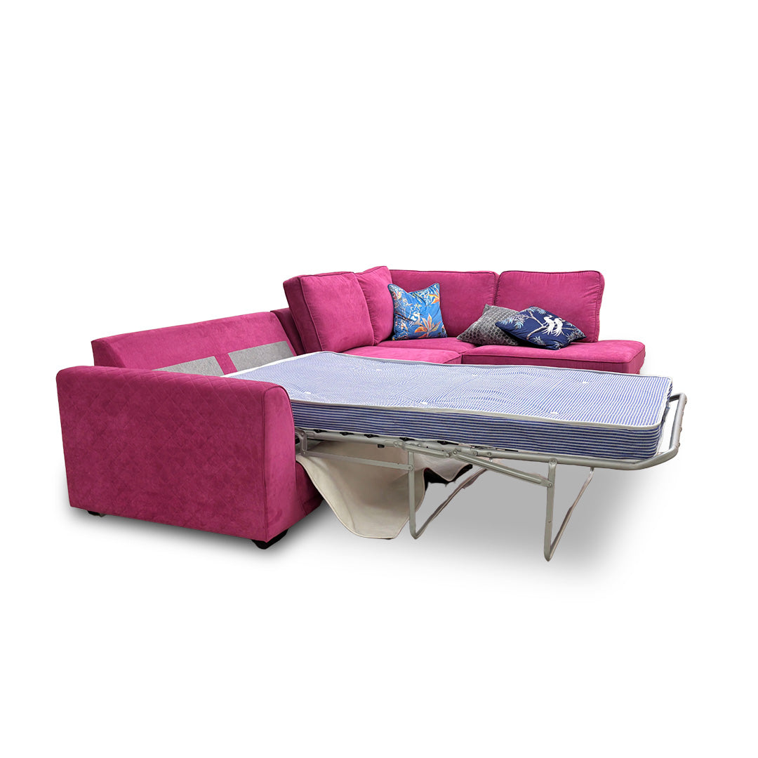 ‘Orka’ Plaza Linen Fabric Magenta 4 Piece Deluxe Sofa Bed Open End Chaise Modular Corner Sofa