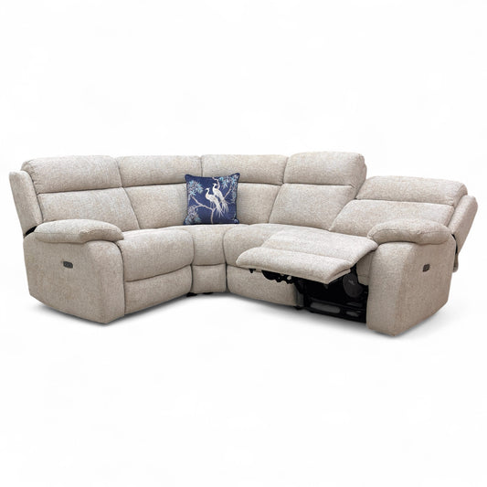 Full front view of the 'Moreno' small left-hand facing corner sofa in light khaki grey woven fabric.