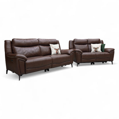 ‘Panache’ Chocolate Cat-60:08 Leather 3 Seater Power Recliner Sofa with Power Headrests + 2 Seater Power Recliner Sofa Set