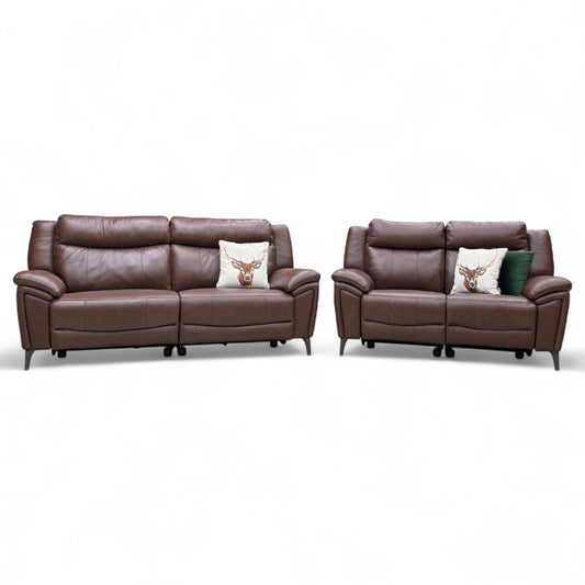 ‘Panache’ Chocolate Cat-60:08 Leather 3 Seater Power Recliner Sofa with Power Headrests + 2 Seater Power Recliner Sofa Set