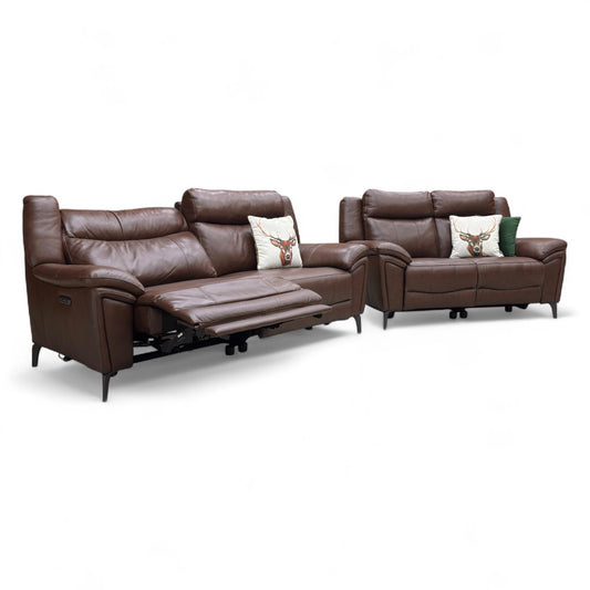 ‘Panache’ Chocolate Cat-60:08 Leather 3 Seater Power Recliner Sofa with Power Headrests + 2 Seater Power Recliner Sofa Set
