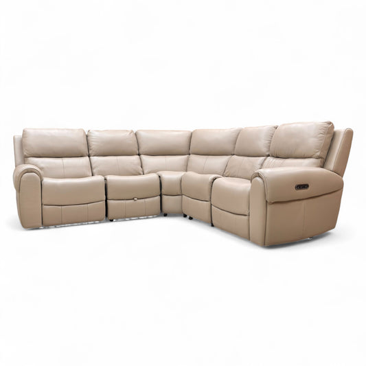 ‘Ezra’ Oyster Leather Power Recliner Modular 2 Corner 2 Sofa with Cup Holders and Storage