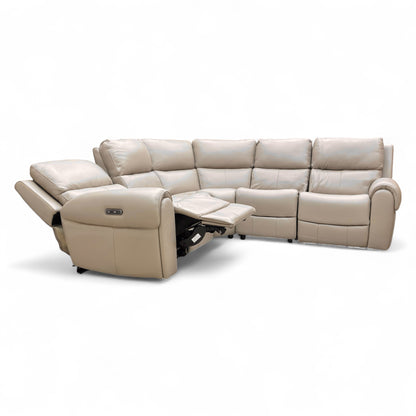 ‘Ezra’ Oyster Leather Power Recliner Modular 2 Corner 2 Sofa with Cup Holders and Storage