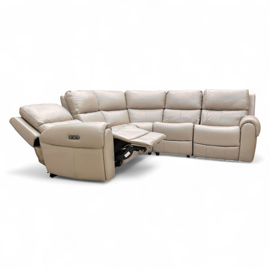 ‘Ezra’ Oyster Leather Power Recliner Modular 2 Corner 2 Sofa with Cup Holders and Storage