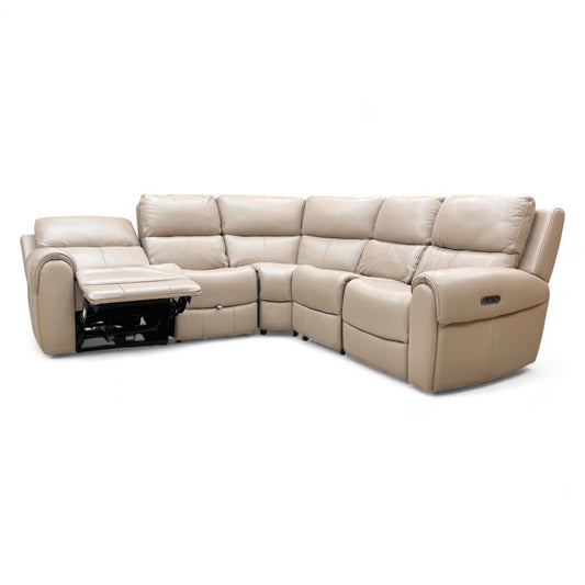 ‘Ezra’ Oyster Leather Power Recliner Modular 2 Corner 2 Sofa with Cup Holders and Storage