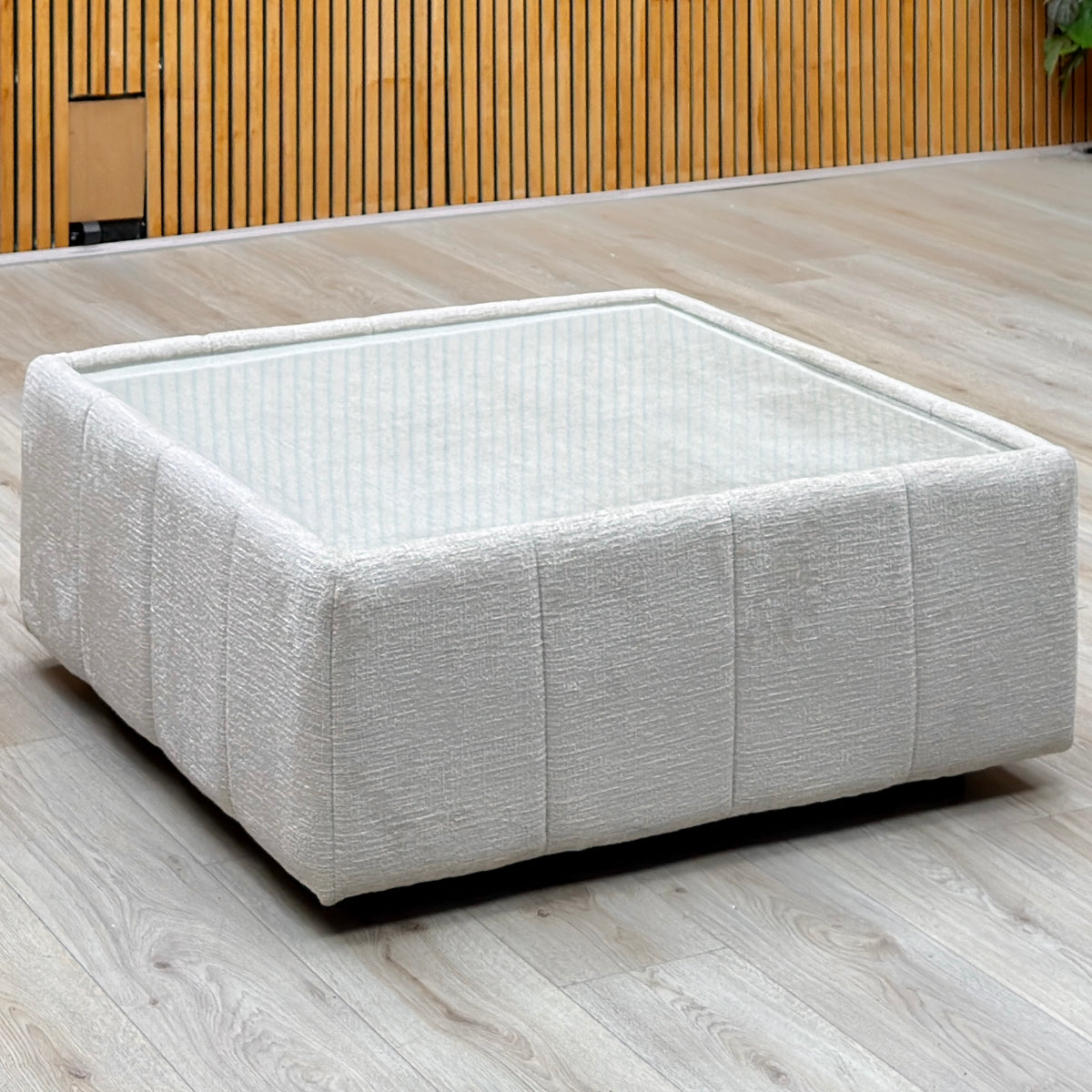 'Boujee' Lustro Dove Grey - Zora Natural Fabric Square Glass Top Table