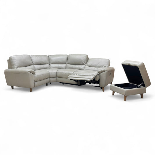 ‘Silverstone’ Cat-60:23 Lead Grey Leather Compact Left Hand Facing Power Recliner Corner Sofa + Small Storage Footstool