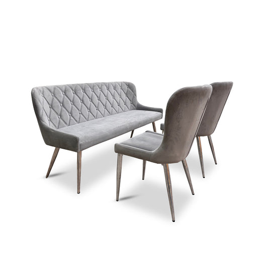 ‘Donnie’ Silver Velvet Dining Bench + 2 Chairs
