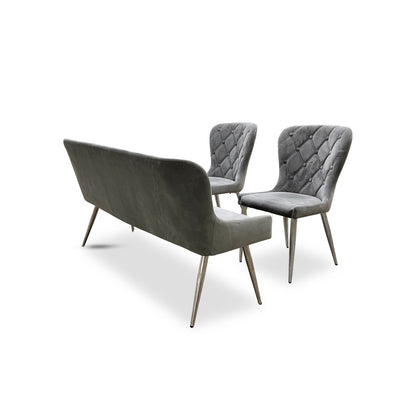 ‘Donnie’ Silver Velvet Dining Bench + 2 Chairs