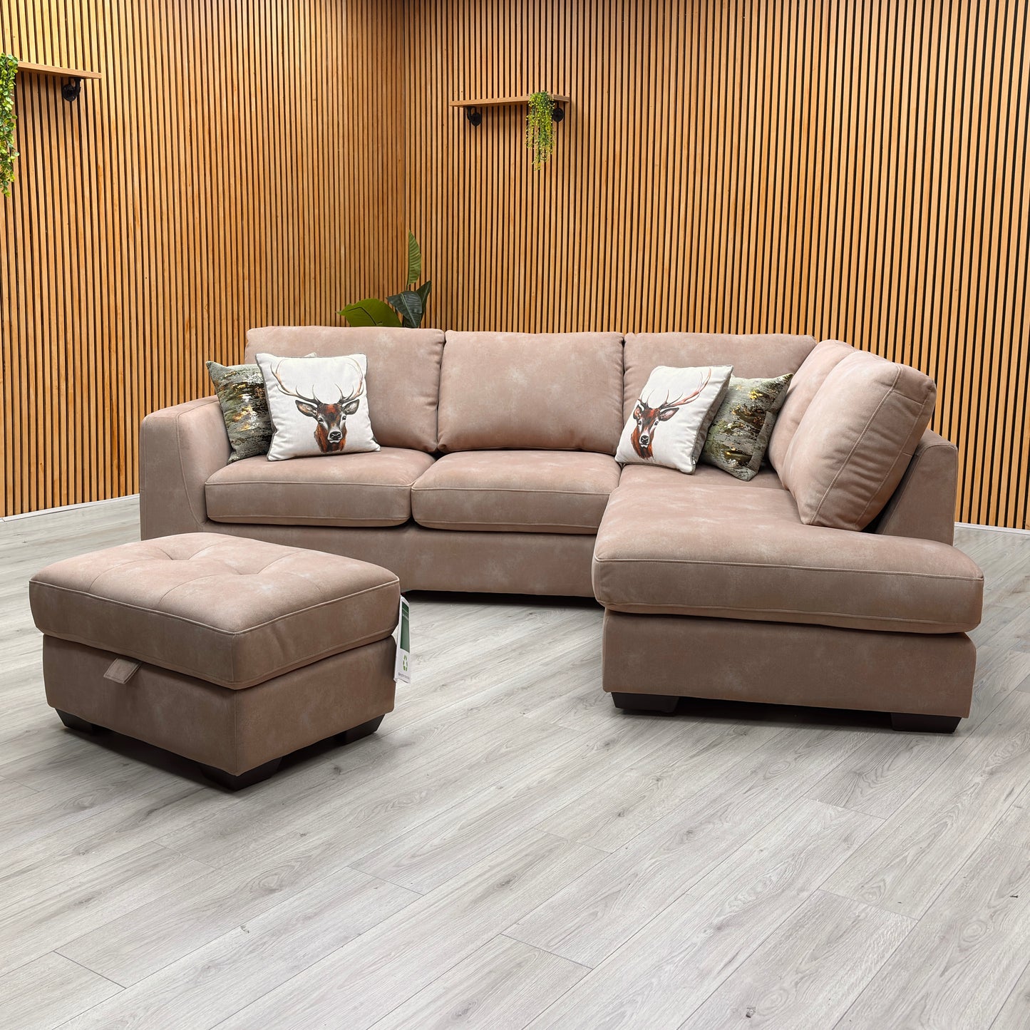 ‘Dinky’ Dexter Sand 43507 Fabric Corner Chaise End Sofa + Large Storage Footstool