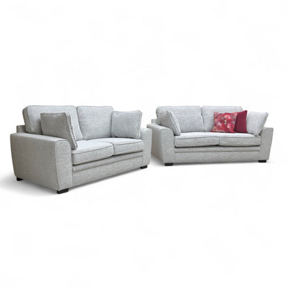 Full, angled view of the Sofology Chalfont 3+2 Seater Sofa Set in Sort Grey Woven Fabric, showing the three-seater and two-seater sofas.