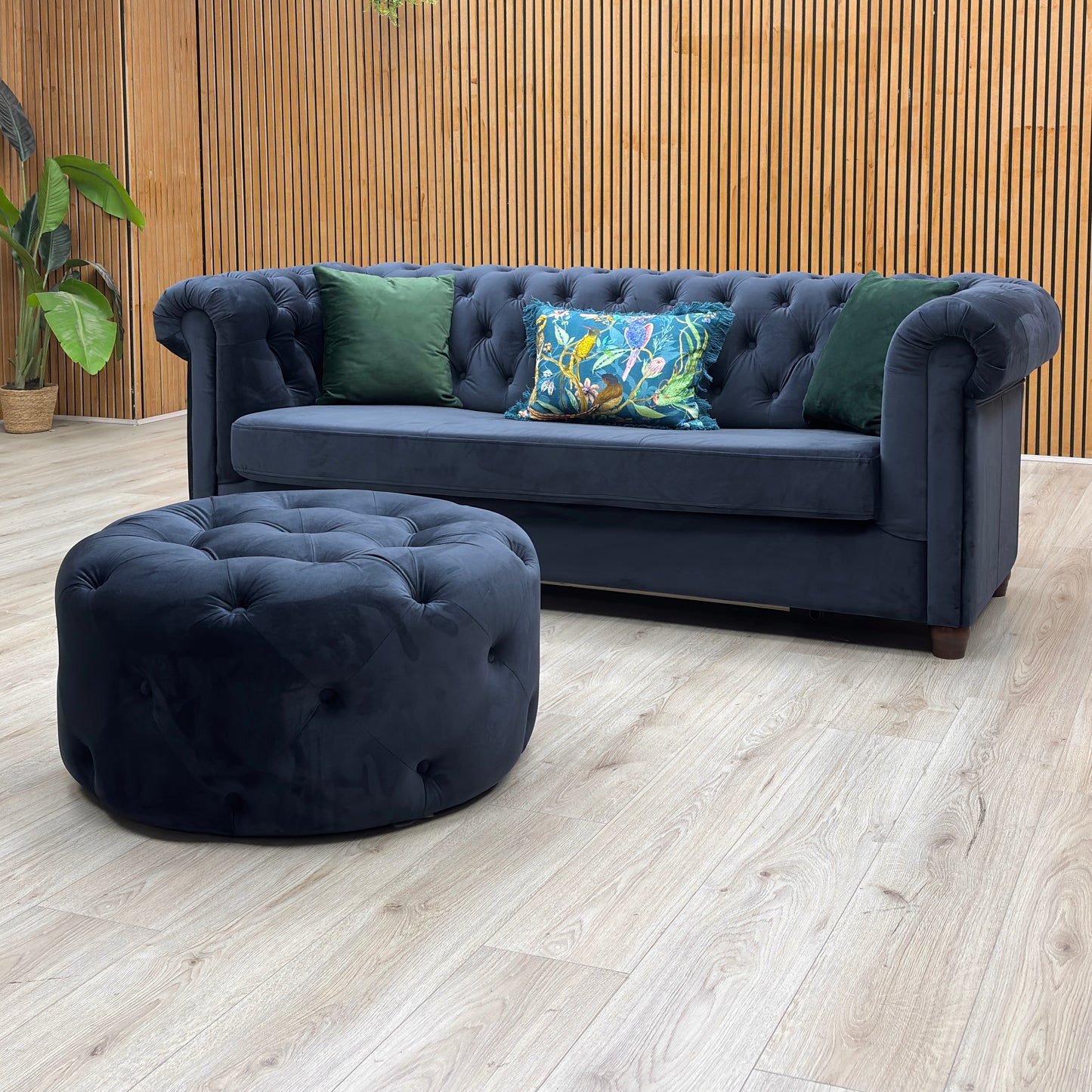‘Chester’ Navy Fabric Sofa Bed + Round Footstool