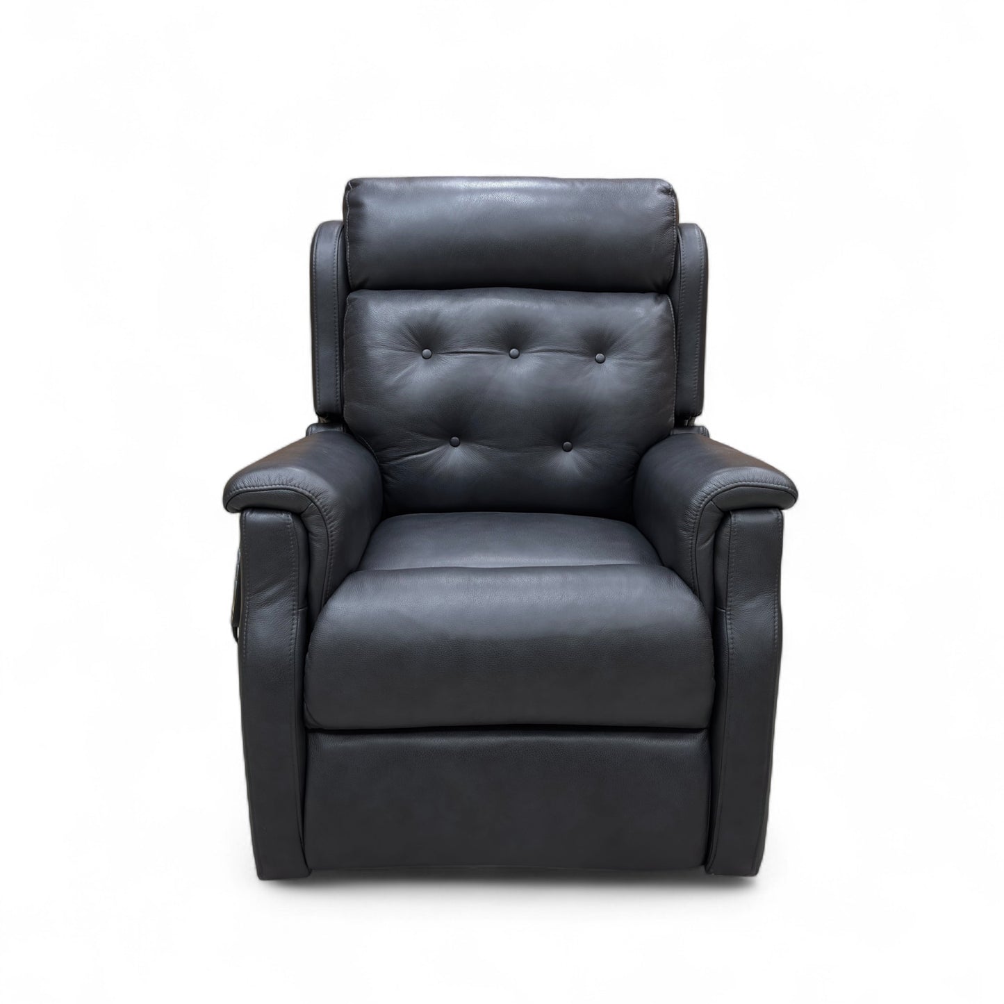 Black leather power recliner with footrest extended