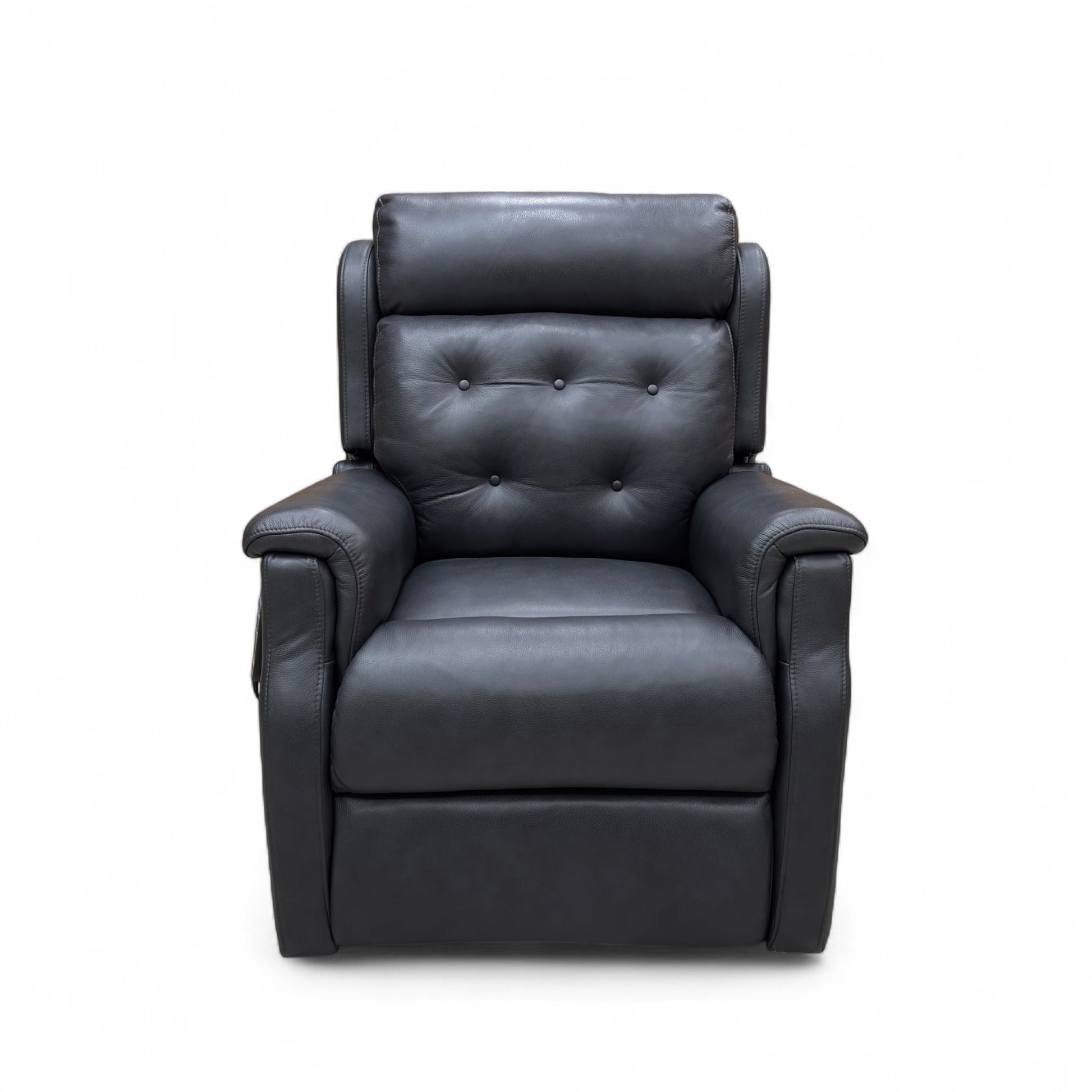 Black leather power recliner with footrest extended