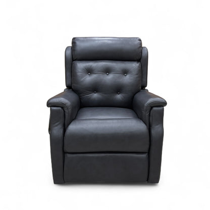 Black leather power recliner with footrest extended