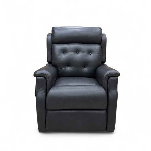 Black leather power recliner with footrest extended