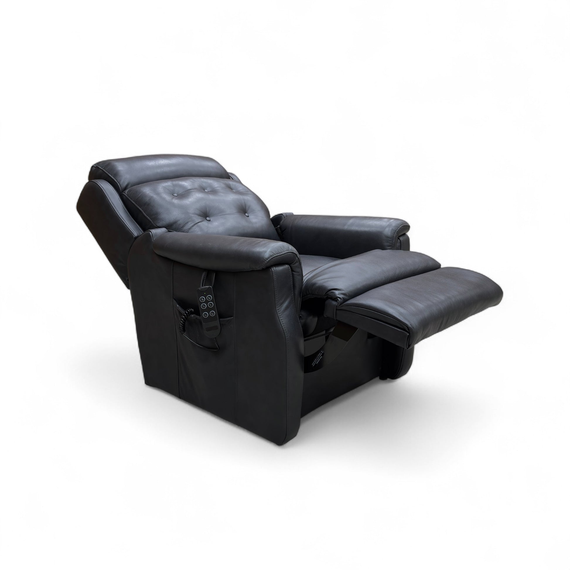 Black leather power recliner with footrest extended