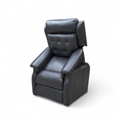Black leather power recliner with footrest extended