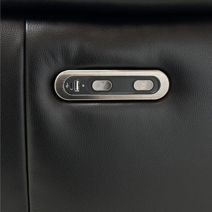Black leather sofa with a USB charging port and power button 
