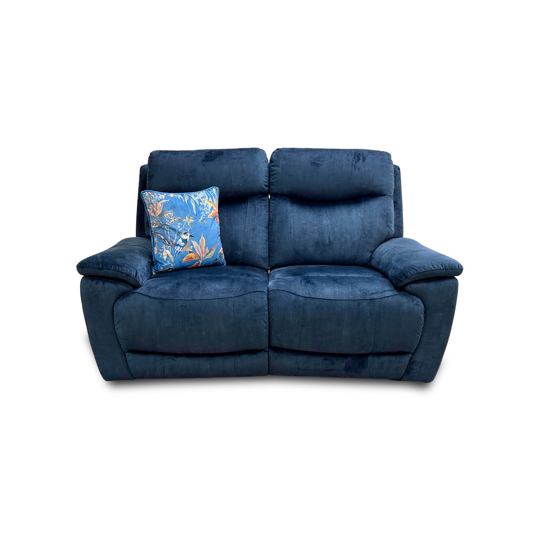 Front view of the Furniture Village ‘Sloane’ Heritage 2-seater power recliner sofa in airforce blue velvet.