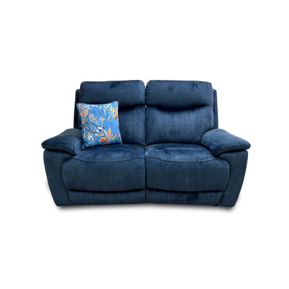 Front view of the Furniture Village ‘Sloane’ Heritage 2-seater power recliner sofa in airforce blue velvet.