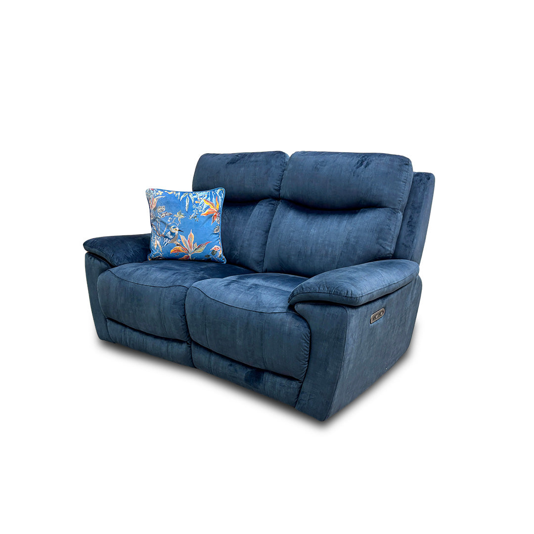 Side view of the Furniture Village ‘Sloane’ Heritage 2-seater power recliner sofa in airforce blue velvet.