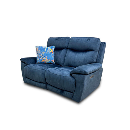Side view of the Furniture Village ‘Sloane’ Heritage 2-seater power recliner sofa in airforce blue velvet.