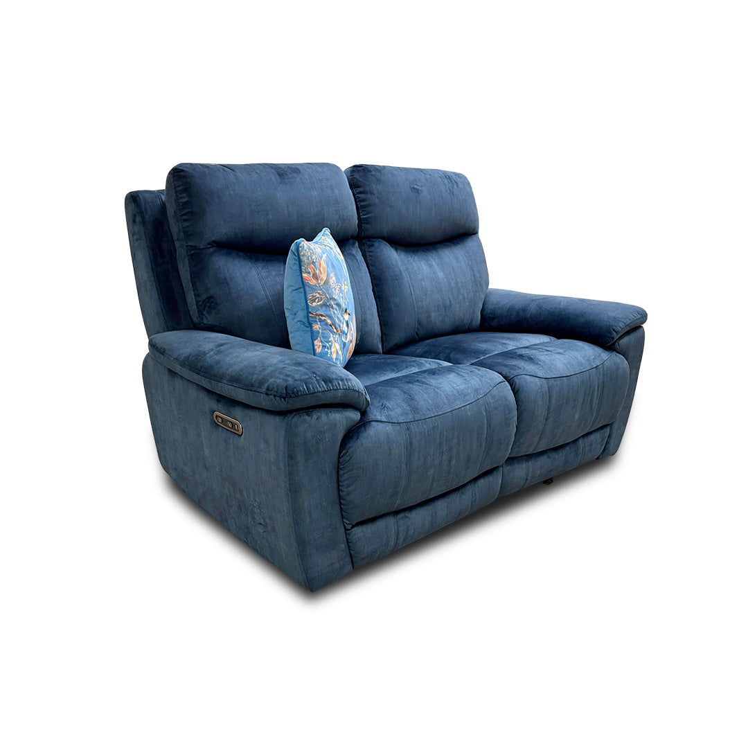 Side view of the Furniture Village ‘Sloane’ Heritage 2-seater power recliner sofa in airforce blue velvet.