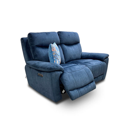 Full view of the Furniture Village ‘Sloane’ Heritage 2-seater power recliner sofa in airforce blue velvet.